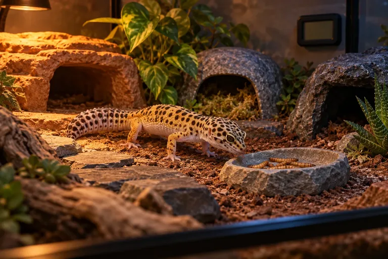 Gekon lamparci w prawidłowo urządzonym terrarium obok płytkiej miseczki z karmówką