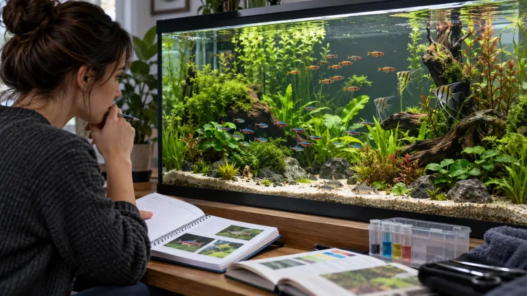 Opiekunka porównuje notatki o gatunkach przy przestronnym roślinnym akwarium z naturalnie rozmieszczonymi rybami