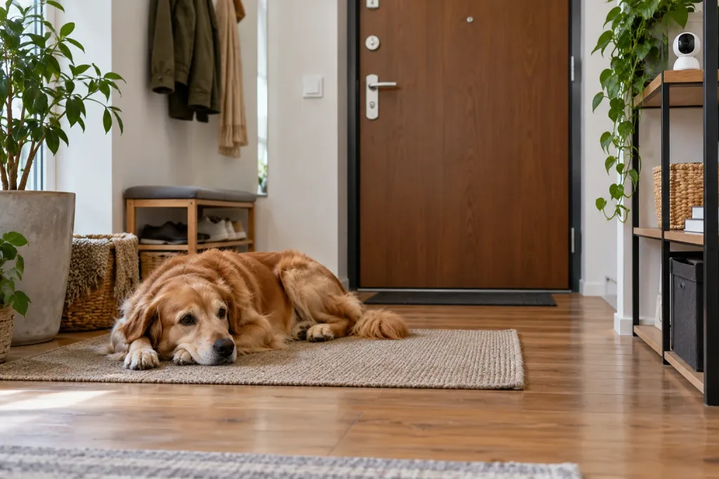 Spokojny pies odpoczywa na macie przy drzwiach wejściowych, a kamera pozwala obserwować jego zachowanie