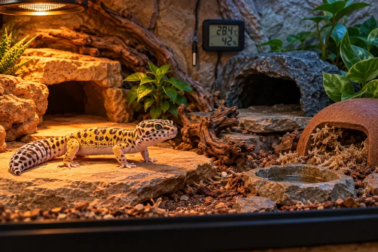 Gekon lamparci stoi na ciepłym łupku w terrarium z kilkoma kryjówkami, wodą, roślinami i cyfrowym pomiarem