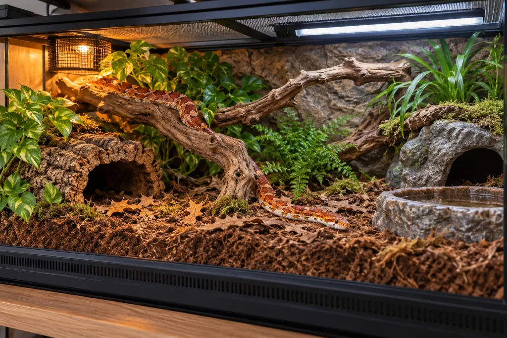Wąż zbożowy w przestronnym naturalistycznym terrarium z kryjówkami, gałęzią i miską z wodą