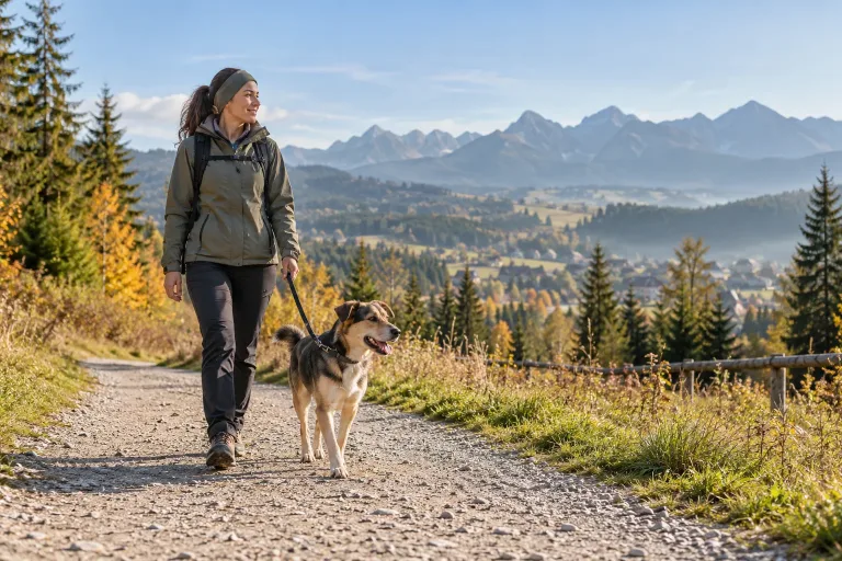 Opiekunka prowadzi psa na smyczy szeroką drogą z widokiem na Tatry